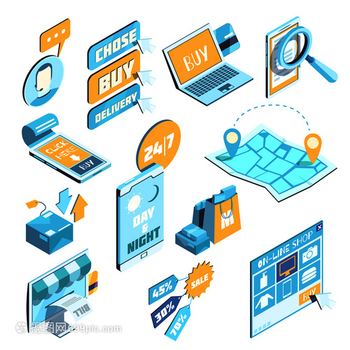 电子商务 等距设计下的蓝色与黄色世界